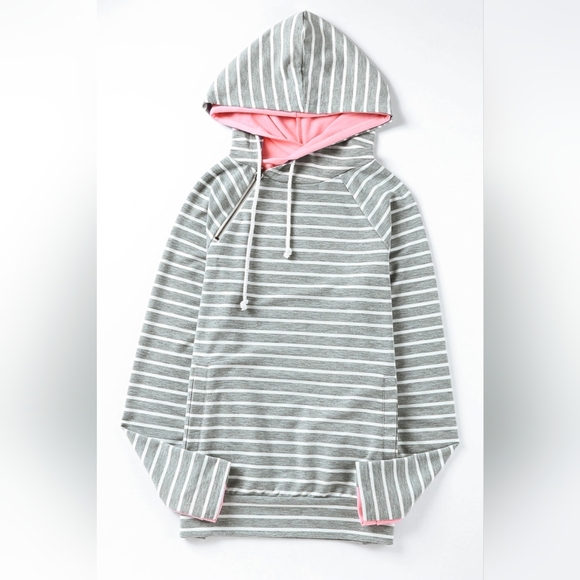 NEW WITH TAGS Small Gray White Stripe Pink Cowl Double Hoodie look - Picture 6 of 8